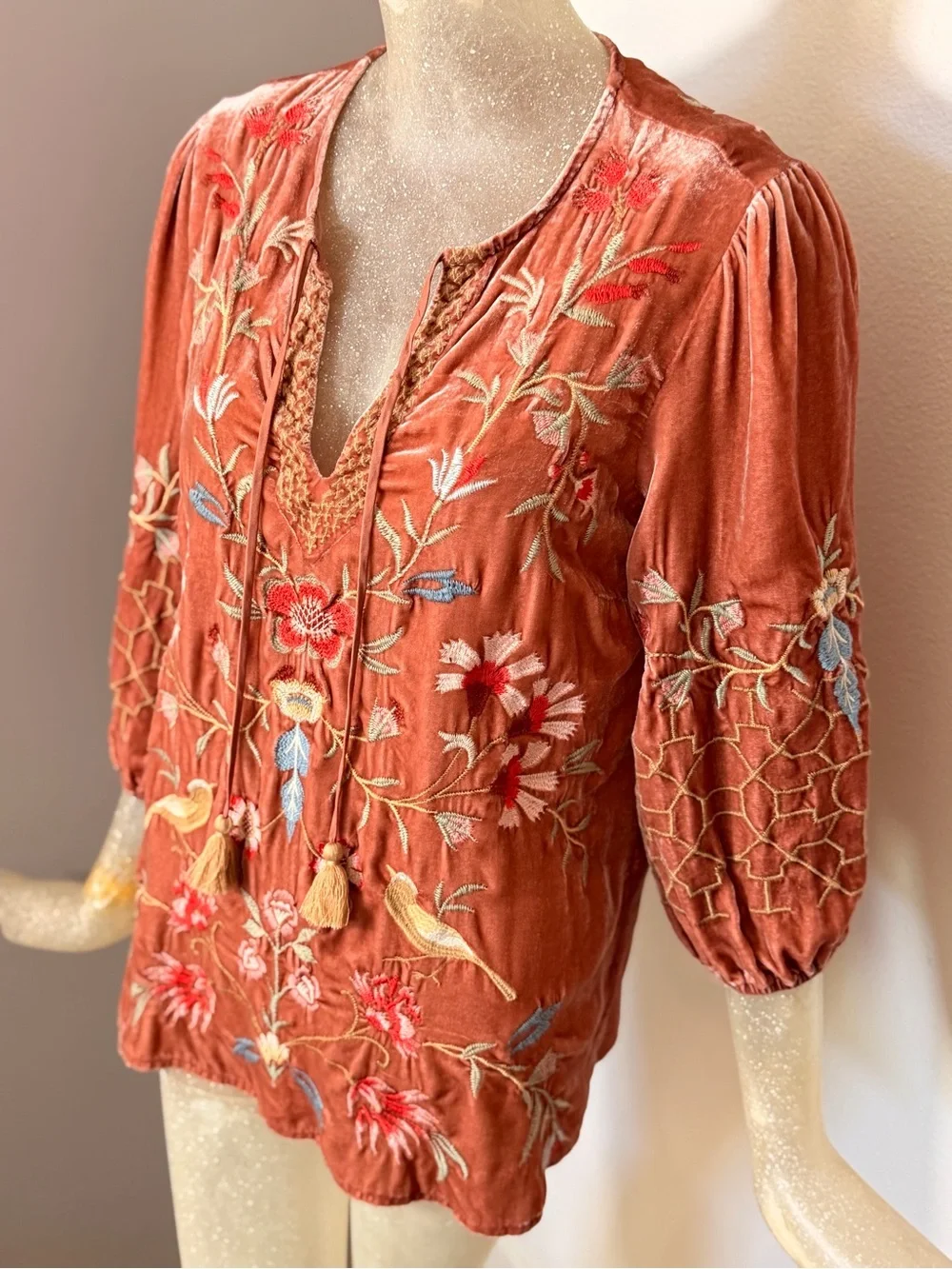Johnny Was Clara Velvet Embroidered Peasant Silk/Rayon Blouse w/ Tassels. Sz XS